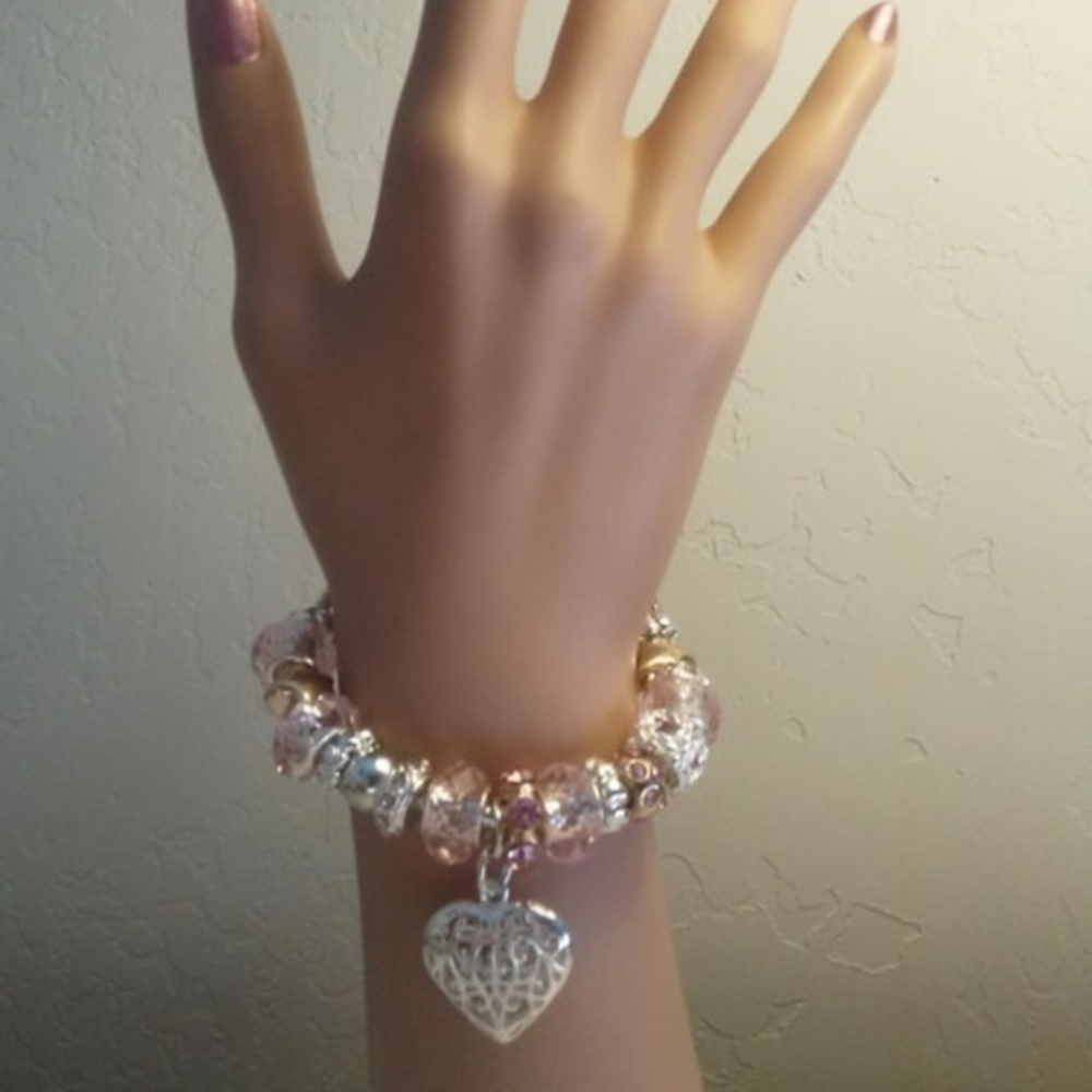 💗Heart Silver, Pink & Yellow Crystal Bracelet - Picture 3 of 4